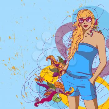 blonde girl in retro style in the summer on a blue background