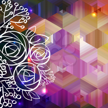 Abstract geometric background of multicolored hexagons. Top painted roses white line. Can be used for designing, leaflets, posters, web design