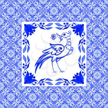 Portuguese azulejo tiles. Blue and white gorgeous seamless patterns with bird. For scrapbooking, wallpaper, smartphones, web background, print, surface texture, pillows, towels, linens bags T-shirts