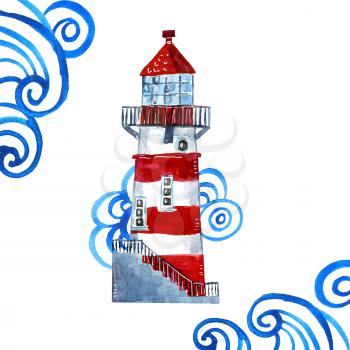 Watercolor lighthouse and waves. Illustration for print on T-shirt, poster, postcard
