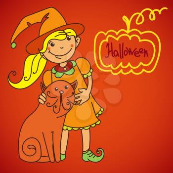 Pretty witch standing on background with happy cat and a broom. Banner for your design flyers, cards, posters