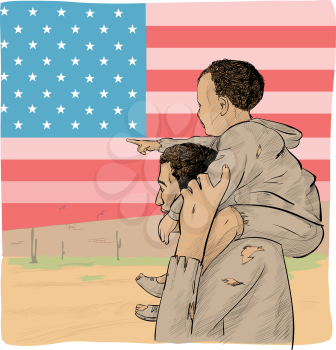 father and son immigrant in front of the USA flag