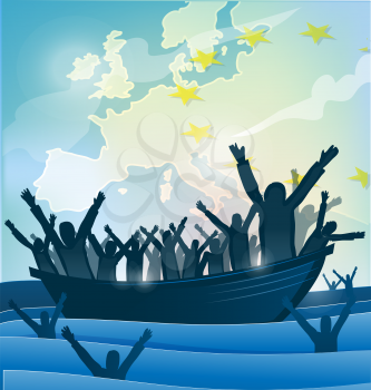 immigration people with  the boat on european map
