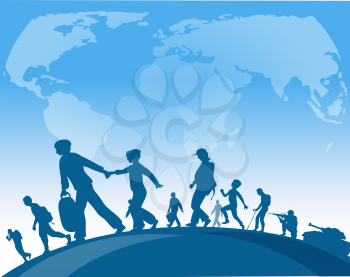 immigration people walk under world map background .vector illustration