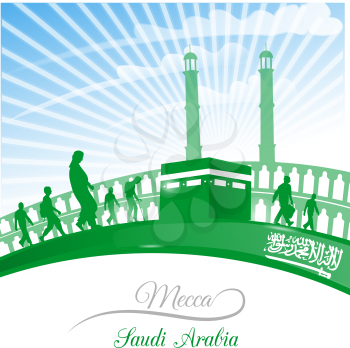 mecca symbol with arabia saudi flag  on sky background 