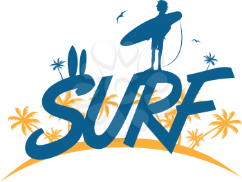surf lettering with  surfer on palm tree background. vector illustration