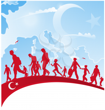 
 immigration people on turkey flag with european map
