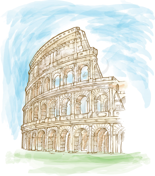 roman colosseum watercolor hand draw. illustration