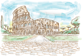 Rome Colosseum hand drawn watercolor 