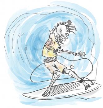 watercolor surfer skeleton hand drawn on wave. illustration