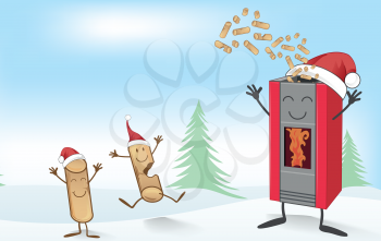 christmas stove cartoon with  fun Wood pellett mascot