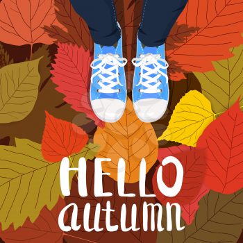 Hello autumn color illustration. Person feet standing in sneakers on yellow, red, green fallen leaves. Hand drawn lettering.