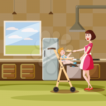 Mother feeds baby in kitchen, interior, cartoon style, vector illustration