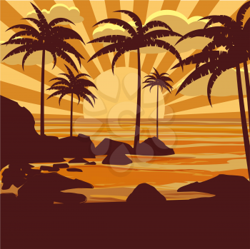 Vector floral tropical background with palm trees, palms silhouettes, beach, vector, sea ocean