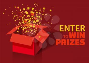 Open Red Gift Box and Confetti With Colorful Particles. Enter to Win Prizes
