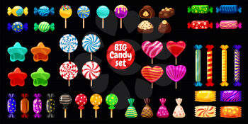 Set of different sweets on black background hard candies dragee jelly beans peppermint candy.