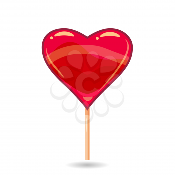 Pink candy on a stick in the form of heart. Happy Valentines Day postcard. Lollipop vector illustration.