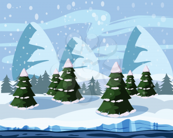 Winter cute landscape, christmas trees in the snow, river, mountains, vector, illustration cartoon style