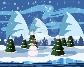 Winter cute landscape, snowman, christmas trees in the snow, river, mountains, vector illustration isolated
