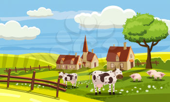 Cute rural landscape with farm, cow, flowers, hills, village cartoon style vector