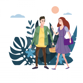 Young loving couple goes holding hands, on their business. Background flora flowers floral leaves