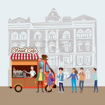 Mobile food Van, Coffe Food Truck vector, barista salesman, characters, men and women stand in line for coffee, and snacks, illustration