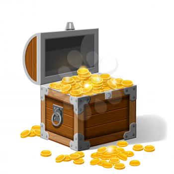 Piratic trunks chests with gold coins treasures. . Vector illustration. Cartoon style