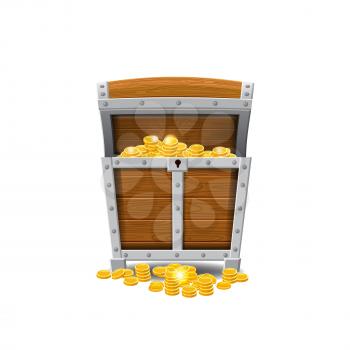 Wooden old pirate chests, full of treasures, gold coins, treasures, vector, cartoon style, illustration isolated