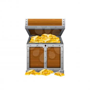 Wooden old pirate chests, full of treasures, gold coins, treasures, vector, cartoon style, illustration isolated