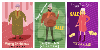 Set of winter sale cards with the characters of people, men and women of different ages in winter clothes