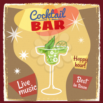 Retro poster design for cocktailbar. Vintage poster, happy hour, card for bar or restaurant.