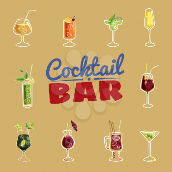 Set of ten beautiful illustration of some of the most famous Cocktails and Drink