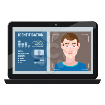Face recognition. Identification of a biometric person, personality through the intellectual recognition system of a human face, man