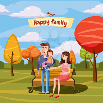 Young family with toddler walking in the park outdoor, benchs, landscape retro cartoon