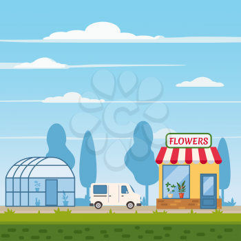 Flower shop, delivery truck, greenhouse landscape background