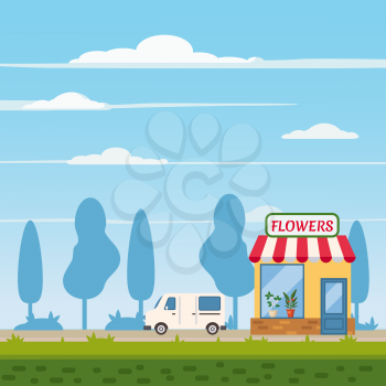 Flower shop, store, delivery truck landscape background