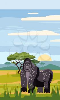 Gorillas cute cartoon style in background savannah Africa, isolated