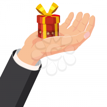 The hand that holds the box, gift. Cartoon style. The concept of delivery, victory, Christmas holiday, birthday, engagement, wedding