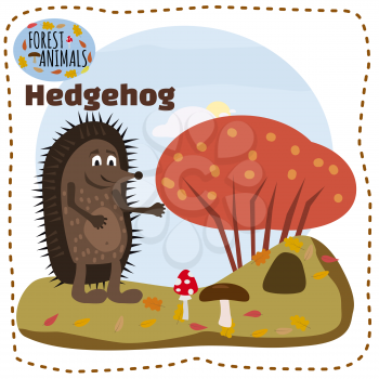 Cute cartoon hedgehog on background landscape forest illustration, vector