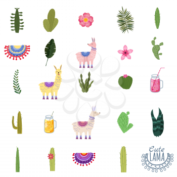 Set Lama cacti drinks and decorative. Collection of elements for decoration