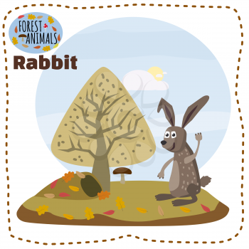 Cute cartoon rabbit on background landscape forest illustration, vector