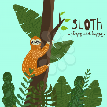 Cute funny sloth hanging on the tree. Sleepy and happy. Adorable hand drawn cartoon animal illustration