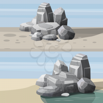 Rocks and stones single or piled for damage and rubble for game art architecture design