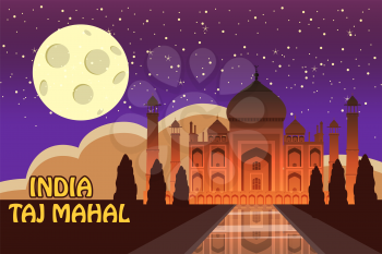 The Taj Mahal. White marble mausoleum on the south bank of the Yamuna river in the Indian city of Agra, Uttar Pradesh. Starry sky. Vector illustration.