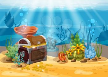 Underwater landscape. The ocean and the undersea world with different inhabitants, corals and pirate chest . Web and mobiles game design or screen savers