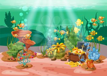 Underwater treasure, chest at the bottom of the ocean, gold, jewelry on the seabed. Underwater landscape, corals, seaweed, tropical fish, vector, cartoon style