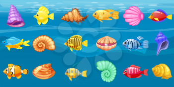 Cartoon Vector game icons with seashell, Colorful coral reef tropical fish, pearl, background underwater, for match three game, apps on white background.