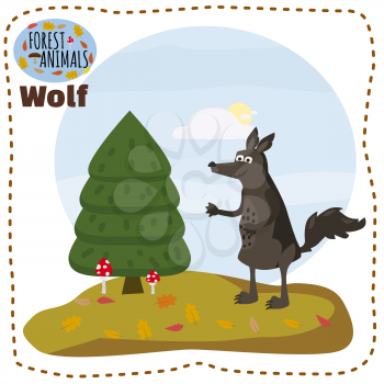 Cute cartoon wolf on background landscape forest illustration, vector