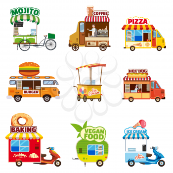 Set of street vehicles, buses, minivans, trucks, kiosks, pizza, BBQ, ice cream vegan food hot dog baking