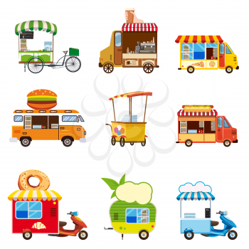 Set of street street car vehicles, buses, minivans, trucks, kiosks, pizza, BBQ, ice cream vegan food hot dog baking